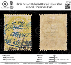 8736: Ceylon SG64d 2d Orange yellow 1863 Sc#49d Mi32IIa Used C£9, view 1