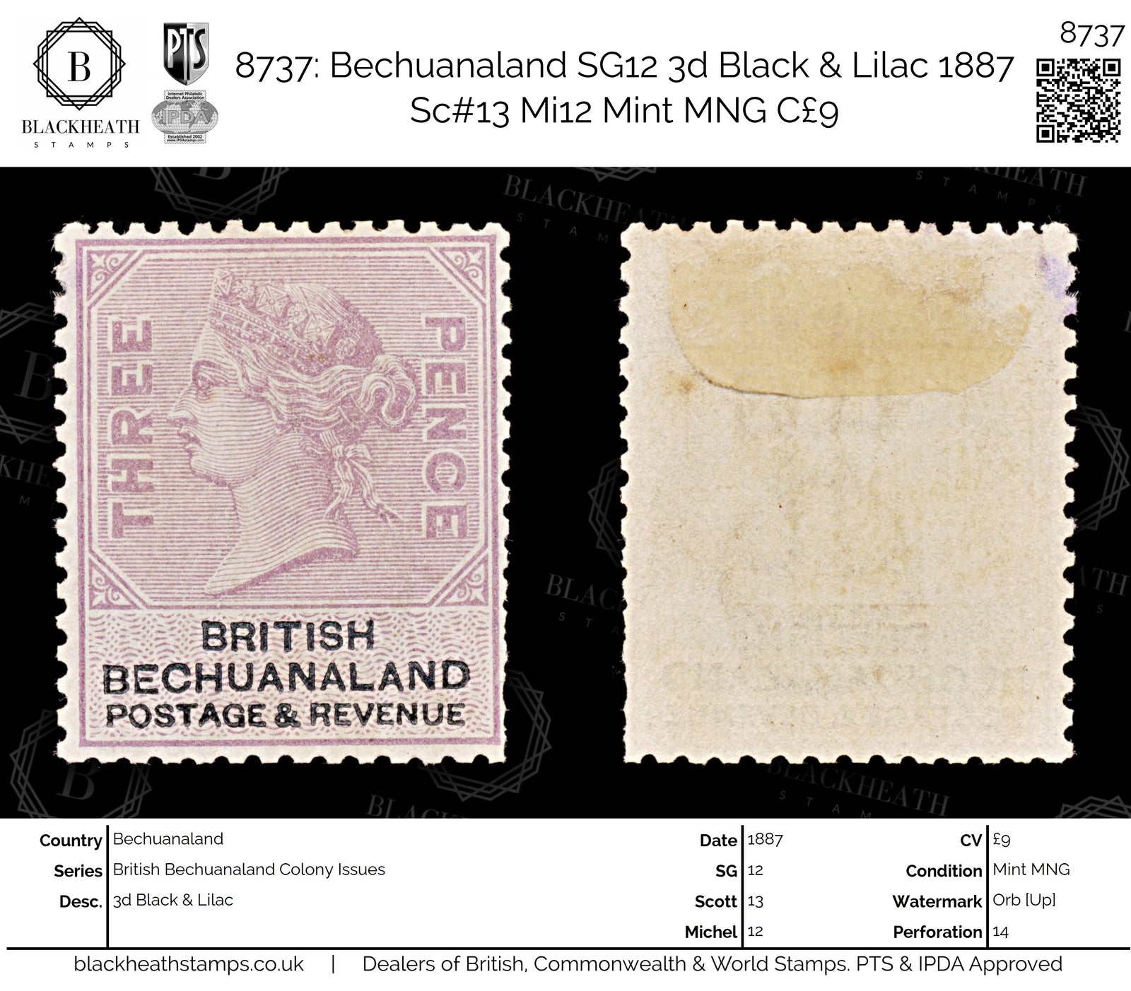 8737: Bechuanaland SG12 3d Black & Lilac 1887 Sc#13 Mi12 Mint MNG C£9