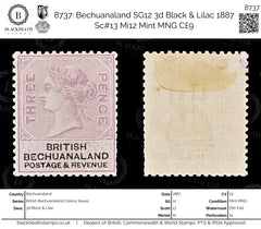 8737: Bechuanaland SG12 3d Black & Lilac 1887 Sc#13 Mi12 Mint MNG C£9, view 1