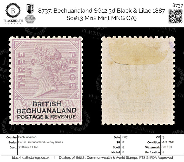 8737: Bechuanaland SG12 3d Black & Lilac 1887 Sc#13 Mi12 Mint MNG C£9