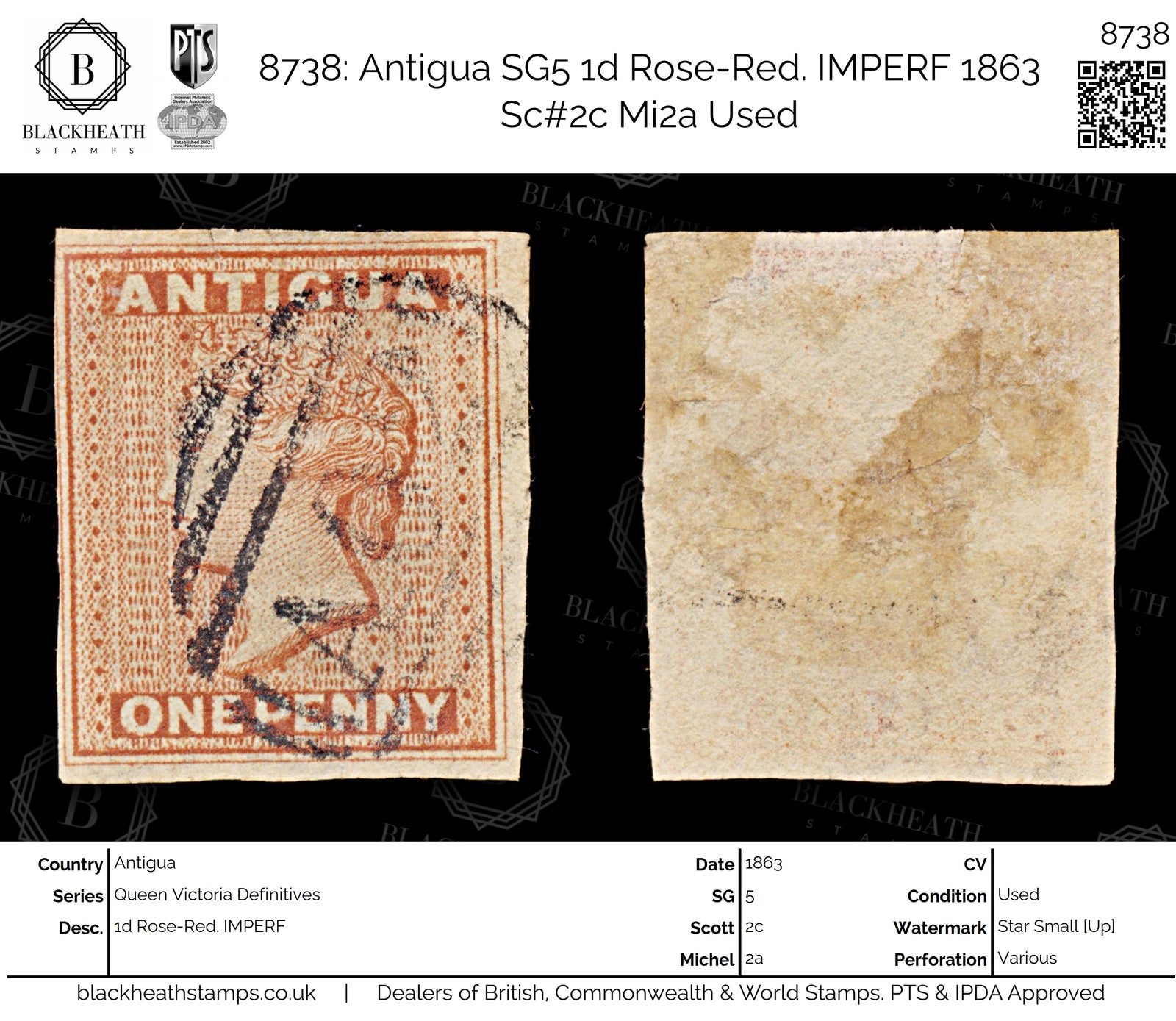 8738: Antigua SG5 1d Rose-Red. IMPERF 1863 Sc#2c Mi2a Used