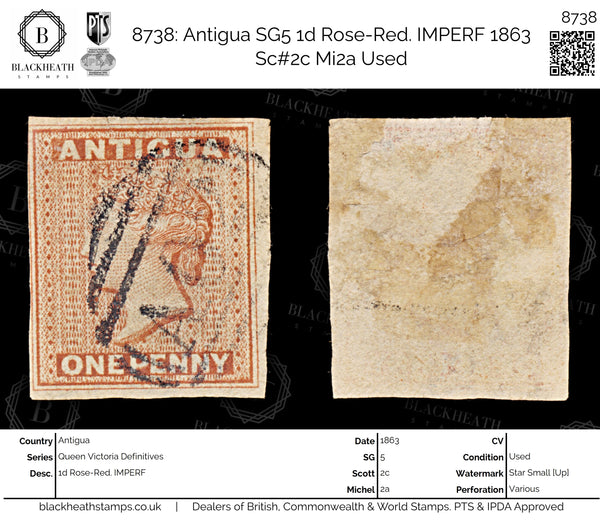 8738: Antigua SG5 1d Rose-Red. IMPERF 1863 Sc#2c Mi2a Used