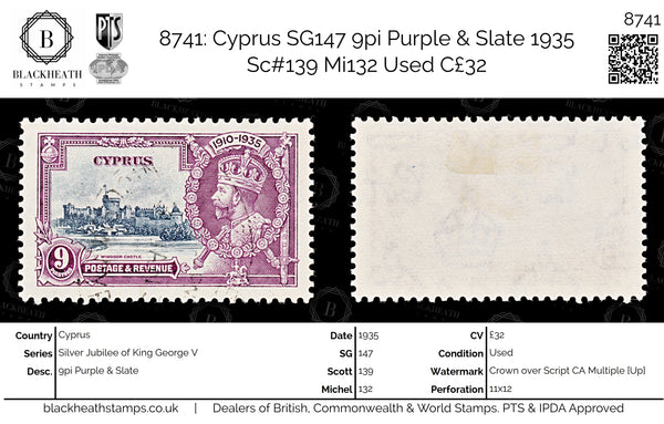 8741: Cyprus SG147 9pi Purple & Slate 1935 Sc#139 Mi132 Used C£32