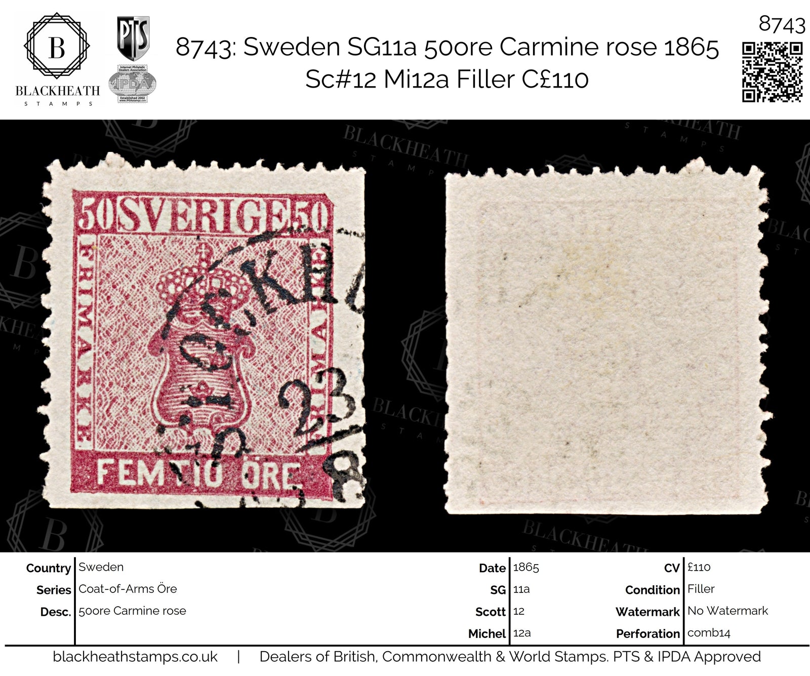 8743: Sweden SG11a 50ore Carmine rose 1865 Sc#12 Mi12a Filler C£110