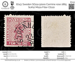 8743: Sweden SG11a 50ore Carmine rose 1865 Sc#12 Mi12a Filler C£110, view 1