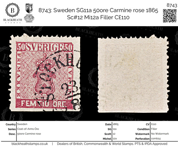 8743: Sweden SG11a 50ore Carmine rose 1865 Sc#12 Mi12a Filler C£110
