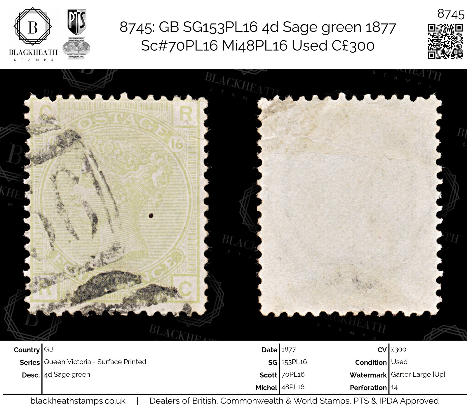 8745: GB SG153PL16 4d Sage green 1877 Sc#70PL16 Mi48PL16 Used C£300