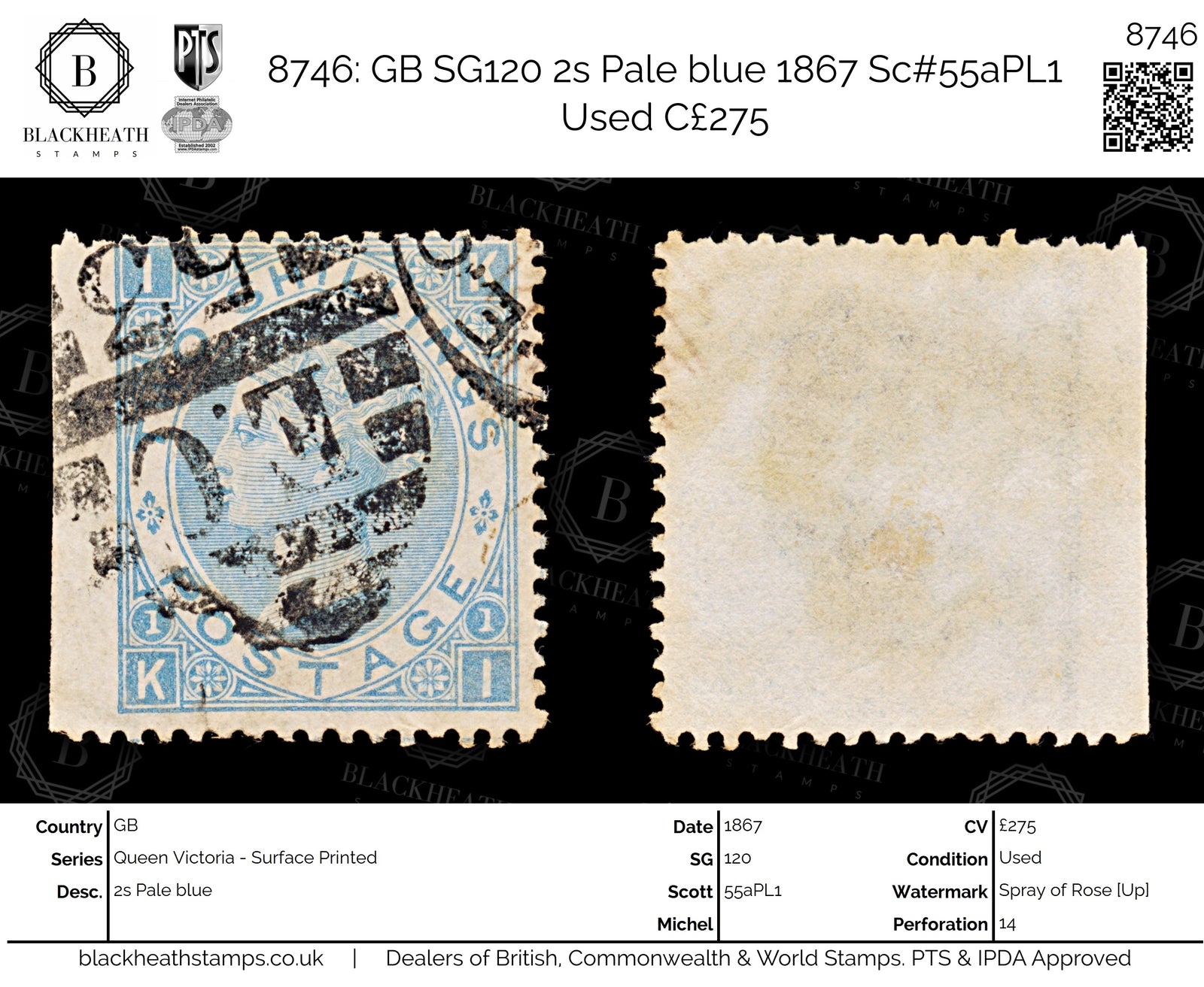 8746: GB SG120 2s Pale blue 1867 Sc#55aPL1 Used C£275