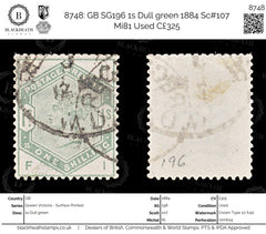 8748: GB SG196 1s Dull green 1884 Sc#107 Mi81 Used C£325, view 1