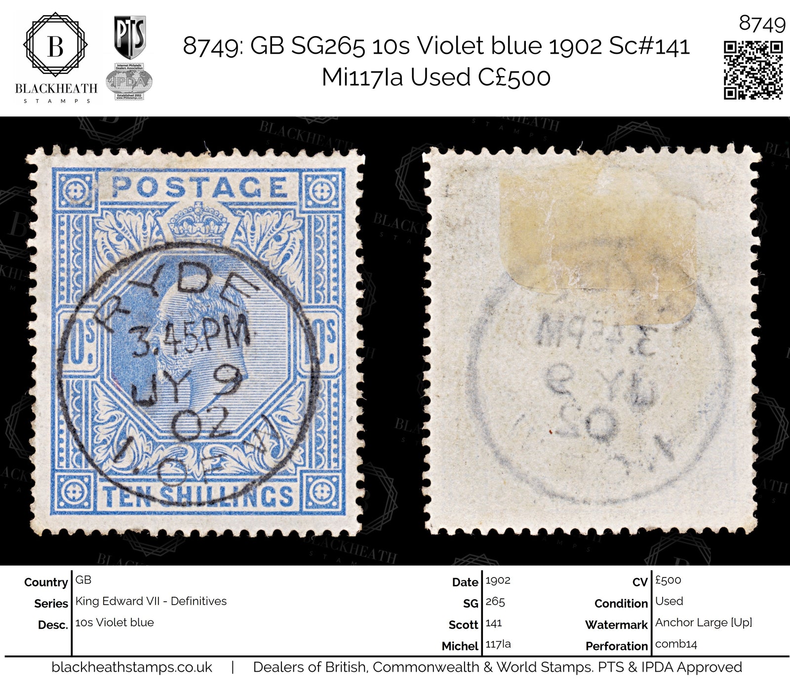 8749: GB SG265 10s Violet blue 1902 Sc#141 Mi117Ia Used C£500