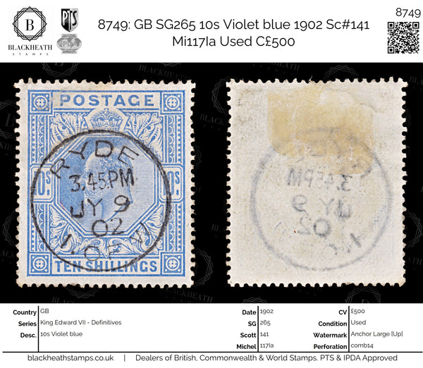 8749: GB SG265 10s Violet blue 1902 Sc#141 Mi117Ia Used C£500