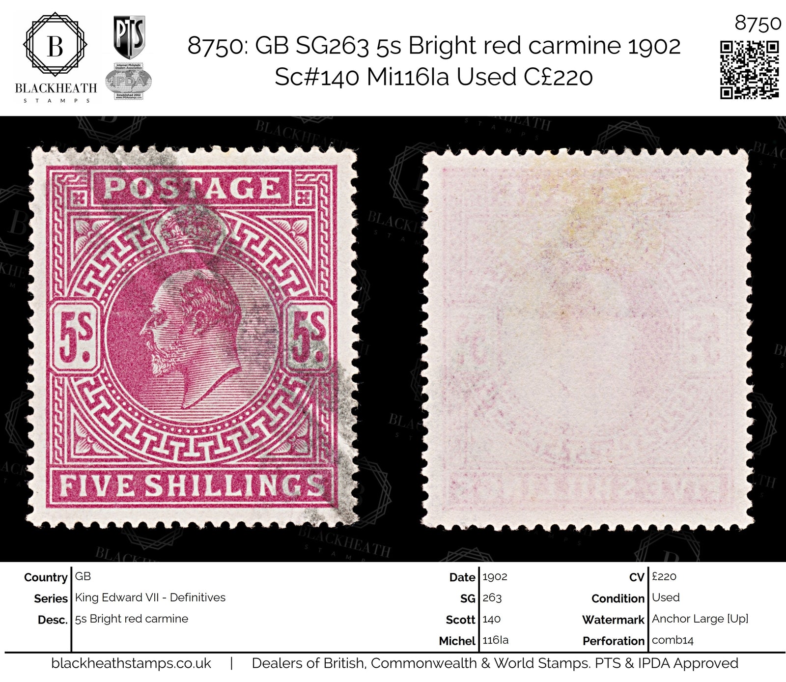 8750: GB SG263 5s Bright red carmine 1902 Sc#140 Mi116Ia Used C£220