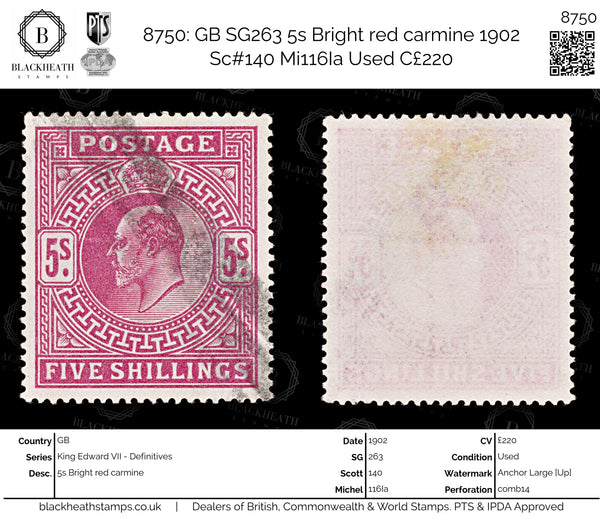 8750: GB SG263 5s Bright red carmine 1902 Sc#140 Mi116Ia Used C£220
