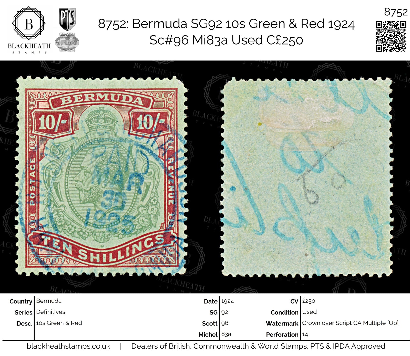 8752: Bermuda SG92 10s Green & Red 1924 Sc#96 Mi83a Used C£250