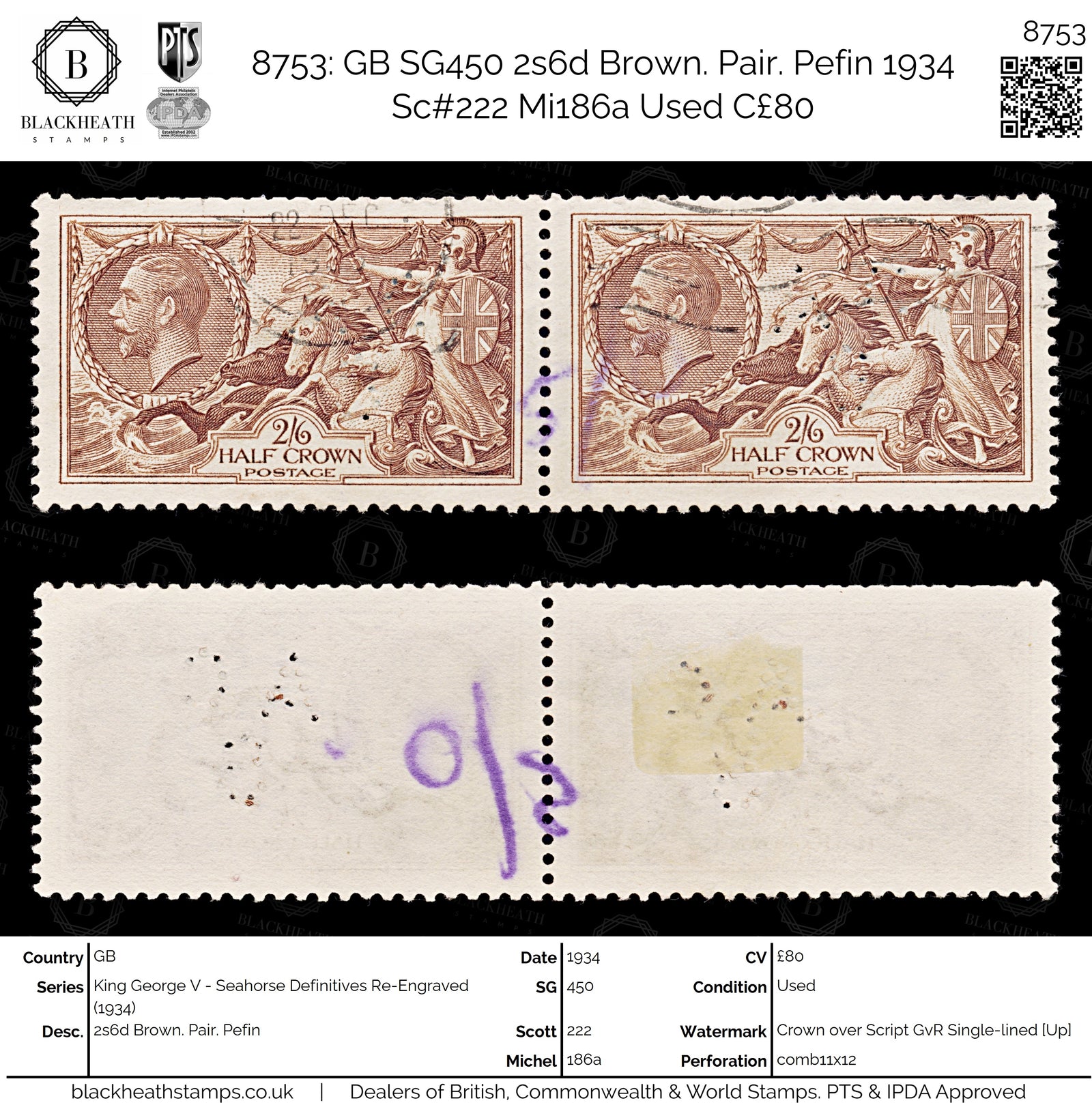 8753: GB SG450 2s6d Brown. Pair. Pefin 1934 Sc#222 Mi186a Used C£80