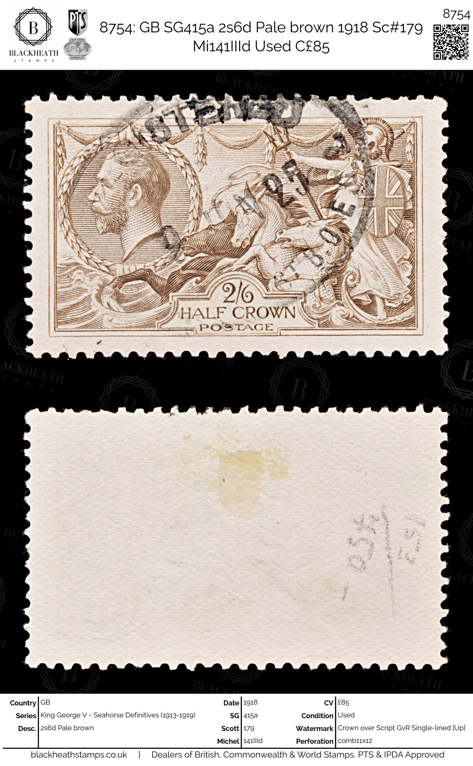 8754: GB SG415a 2s6d Pale brown 1918 Sc#179 Mi141IIId Used C£85