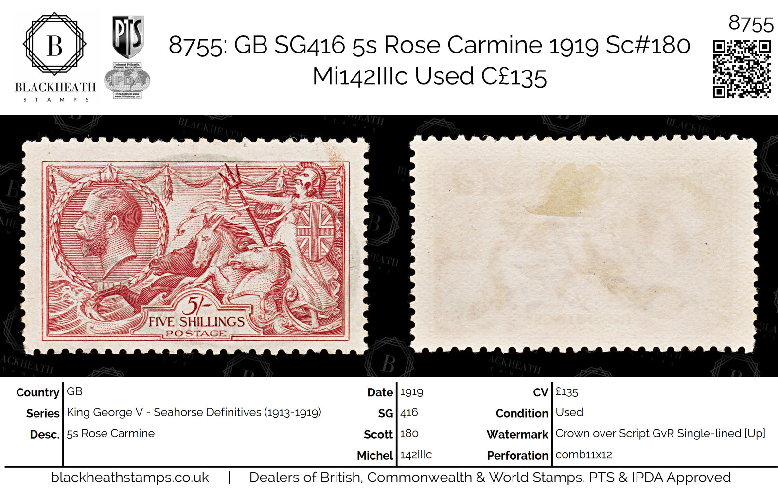 8755: GB SG416 5s Rose Carmine 1919 Sc#180 Mi142IIIc Used C£135