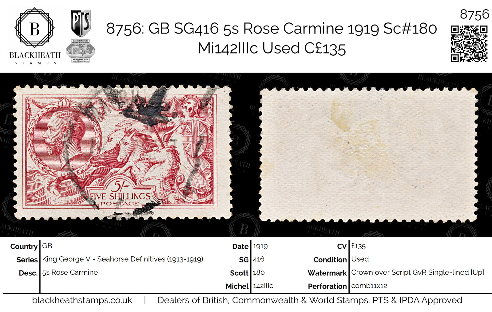 8756: GB SG416 5s Rose Carmine 1919 Sc#180 Mi142IIIc Used C£135