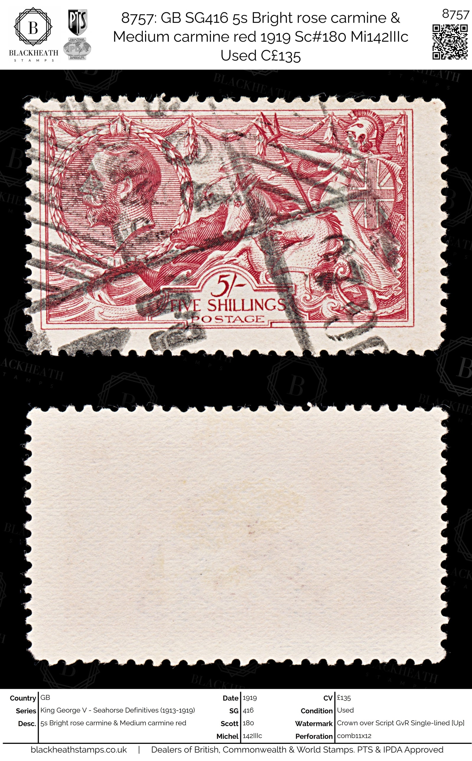 8757: GB SG416 5s Bright rose carmine & Medium carmine red 1919 Sc#180 Mi142IIIc Used C£135