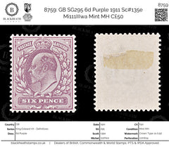 8759: GB SG295 6d Purple 1911 Sc#135e Mi111IIIwa Mint MH C£50, view 1