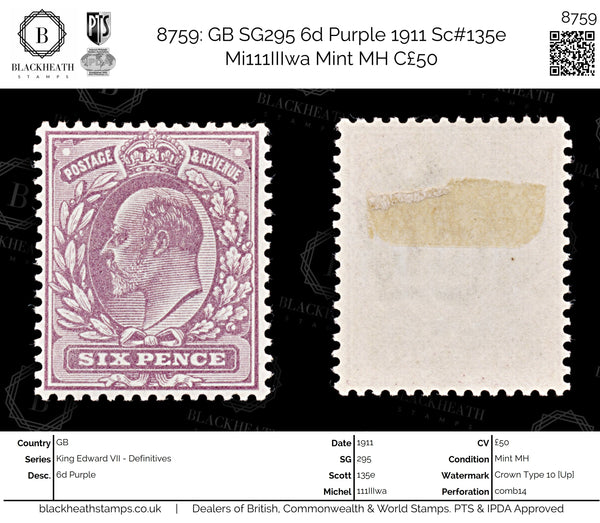 8759: GB SG295 6d Purple 1911 Sc#135e Mi111IIIwa Mint MH C£50