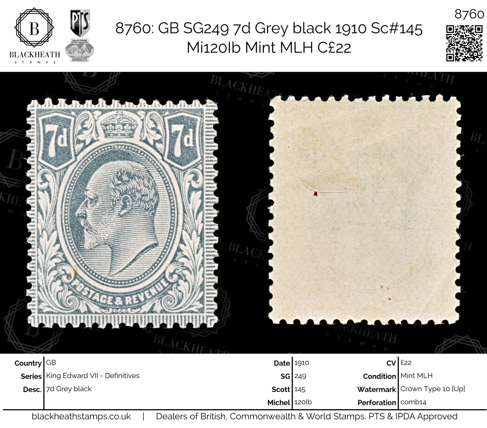 8760: GB SG249 7d Grey black 1910 Sc#145 Mi120Ib Mint MLH C£22