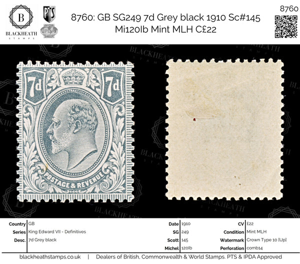 8760: GB SG249 7d Grey black 1910 Sc#145 Mi120Ib Mint MLH C£22