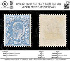 8761: GB SG276 2½d Blue & Bright blue 1911 Sc#131b Mi107IIAc Mint MH C£65, view 1