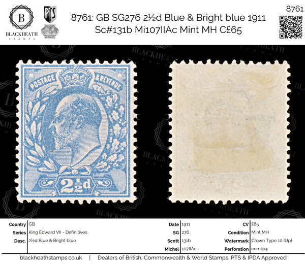8761: GB SG276 2½d Blue & Bright blue 1911 Sc#131b Mi107IIAc Mint MH C£65