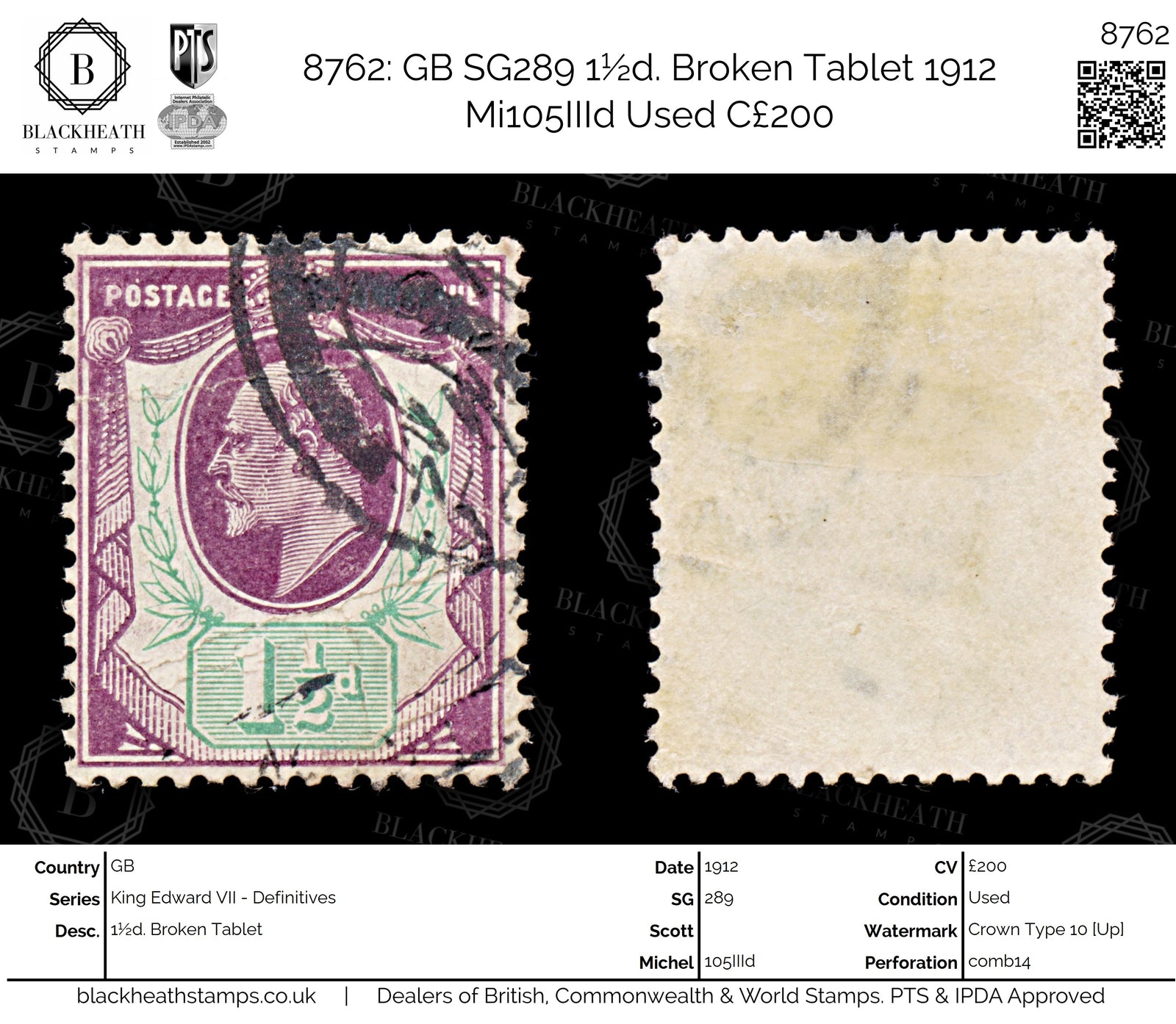 8762: GB SG289 1½d. Broken Tablet 1912 Mi105IIId Used C£200