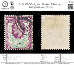8762: GB SG289 1½d. Broken Tablet 1912 Mi105IIId Used C£200, view 1
