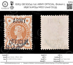 8763: GB SGO41 ½d. ARMY OFFICIAL. Broken L 1896 Sc#O54 MiD7 Used C£135, view 1