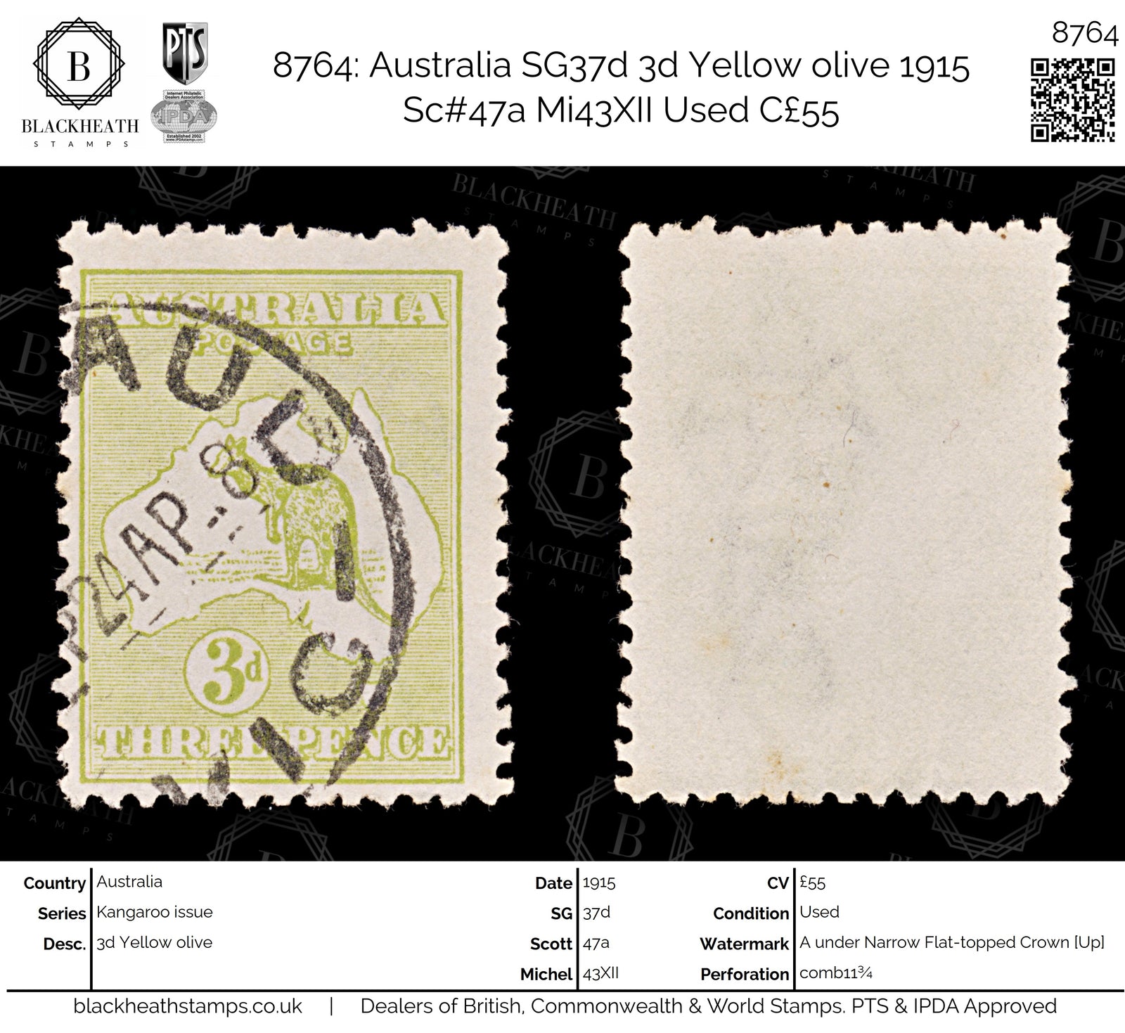 8764: Australia SG37d 3d Yellow olive 1915 Sc#47a Mi43XII Used C£55