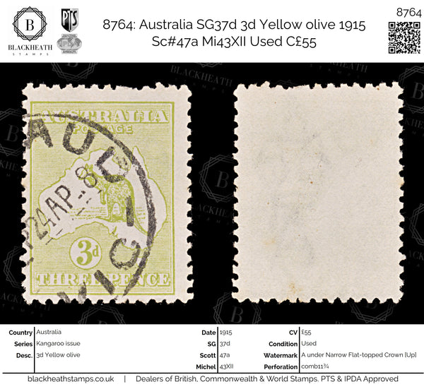 8764: Australia SG37d 3d Yellow olive 1915 Sc#47a Mi43XII Used C£55