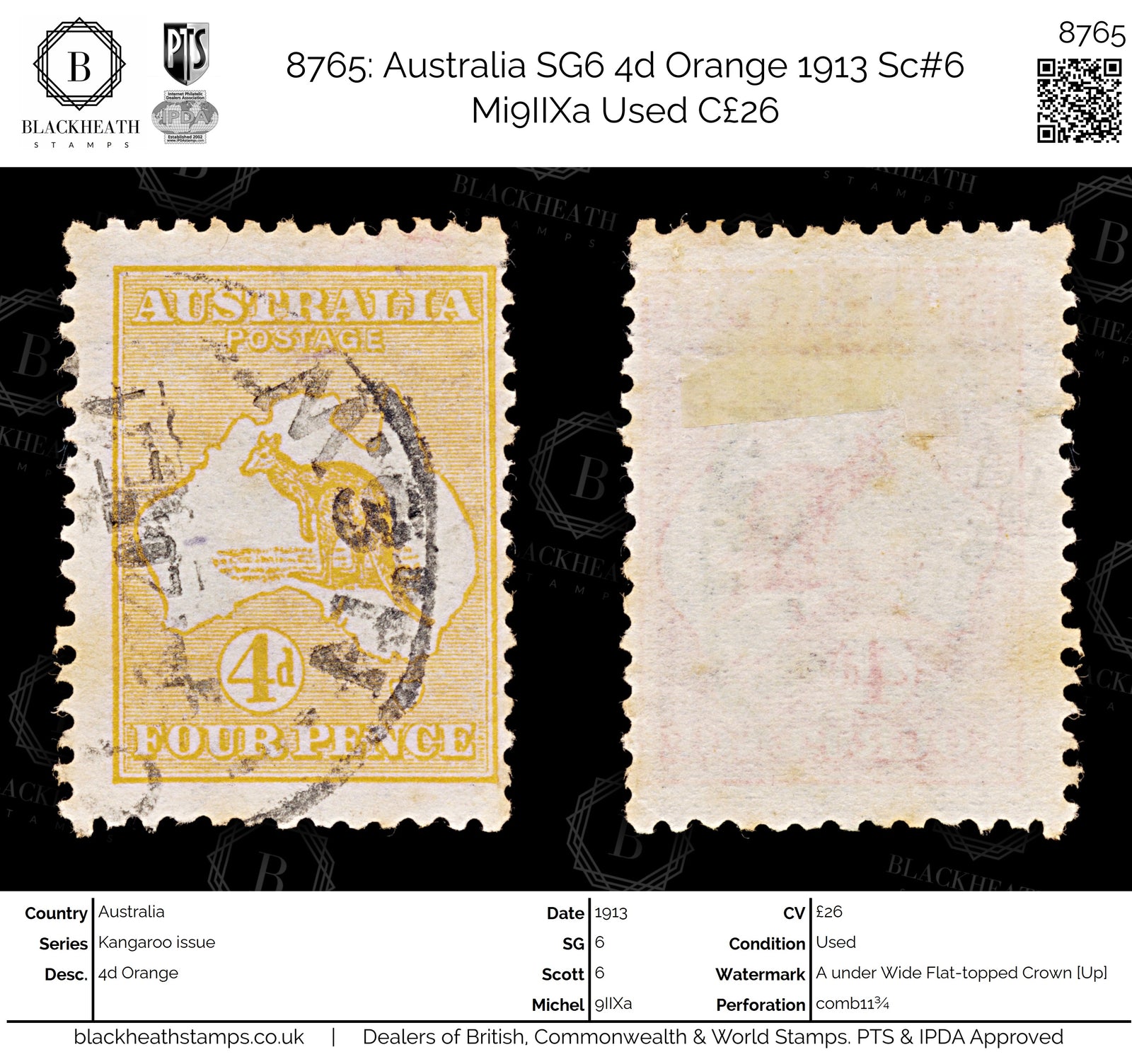8765: Australia SG6 4d Orange 1913 Sc#6 Mi9IIXa Used C£26