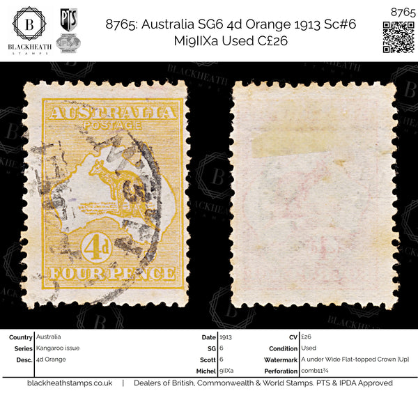 8765: Australia SG6 4d Orange 1913 Sc#6 Mi9IIXa Used C£26
