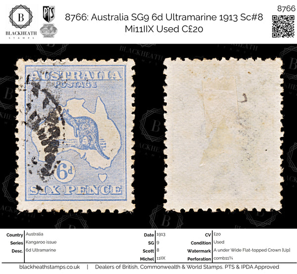 8766: Australia SG9 6d Ultramarine 1913 Sc#8 Mi11IIX Used C£20