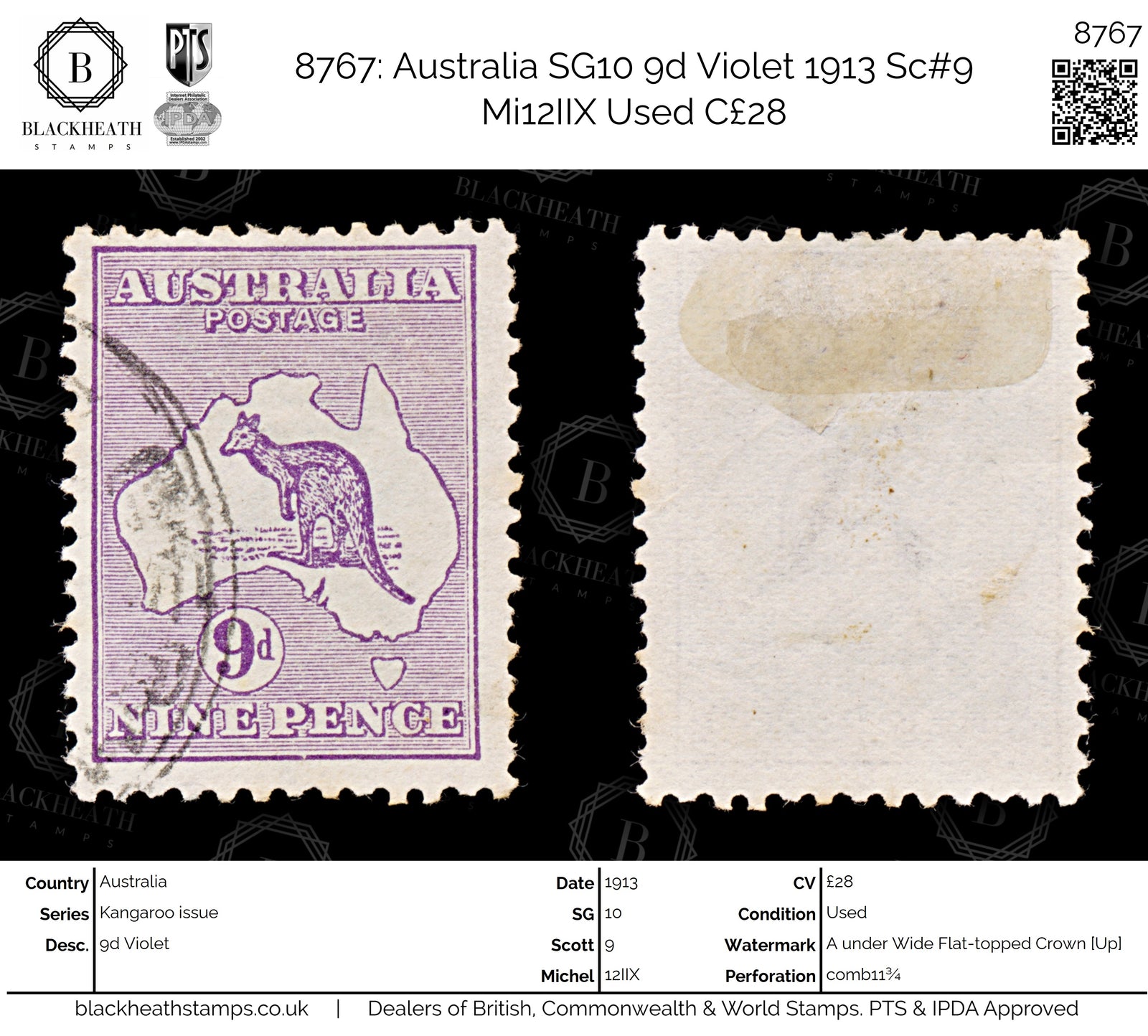 8767: Australia SG10 9d Violet 1913 Sc#9 Mi12IIX Used C£28