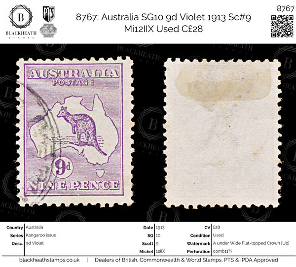 8767: Australia SG10 9d Violet 1913 Sc#9 Mi12IIX Used C£28