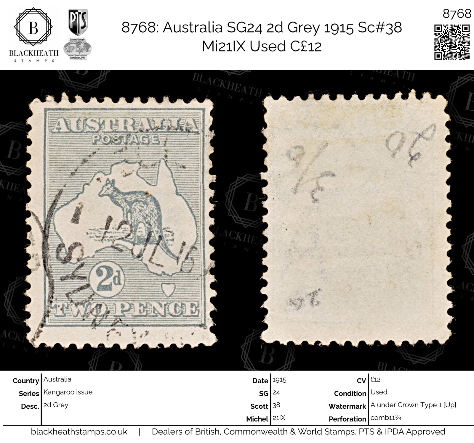 8768: Australia SG24 2d Grey 1915 Sc#38 Mi21IX Used C£12