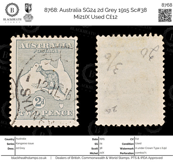8768: Australia SG24 2d Grey 1915 Sc#38 Mi21IX Used C£12