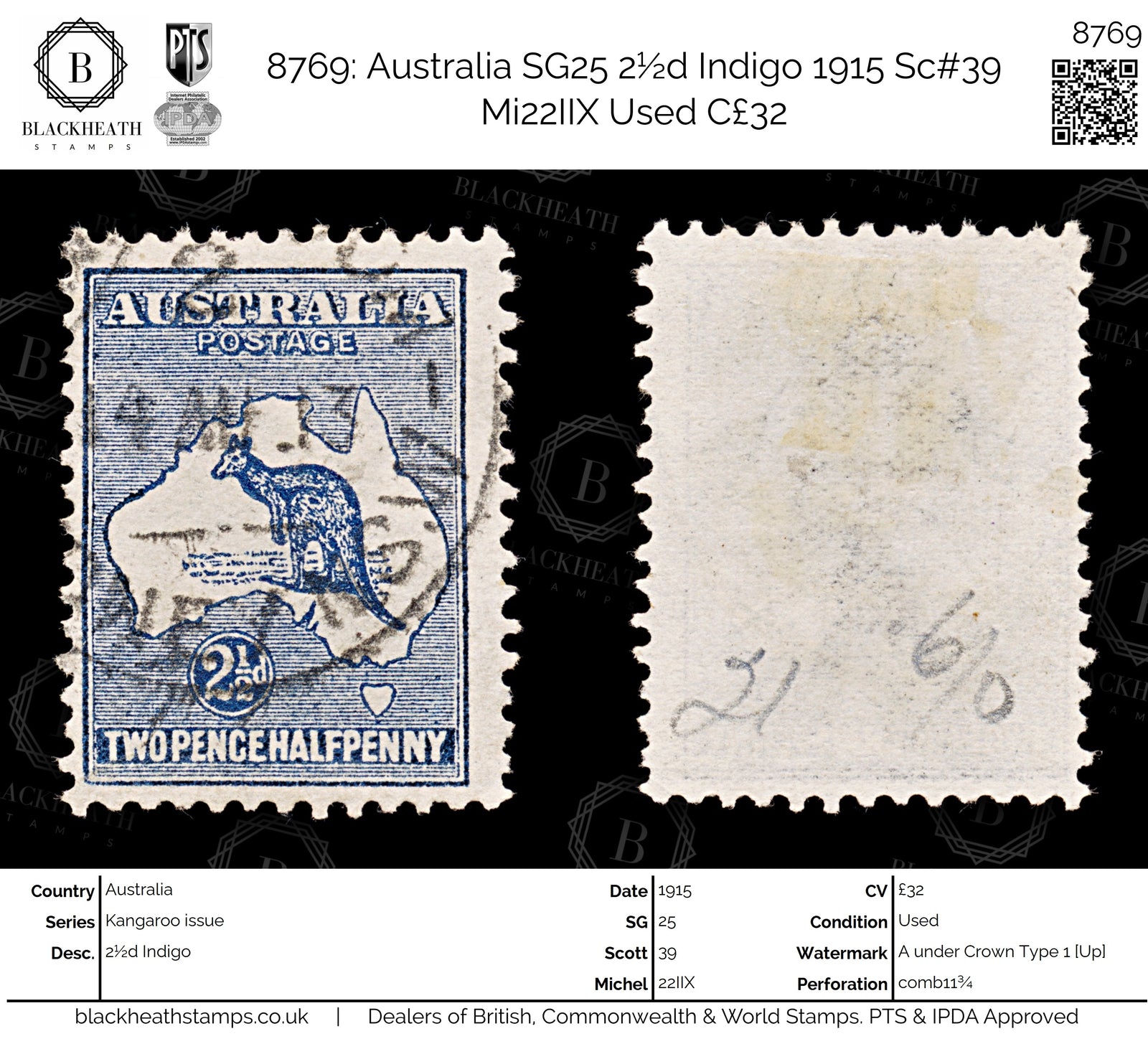8769: Australia SG25 2½d Indigo 1915 Sc#39 Mi22IIX Used C£32