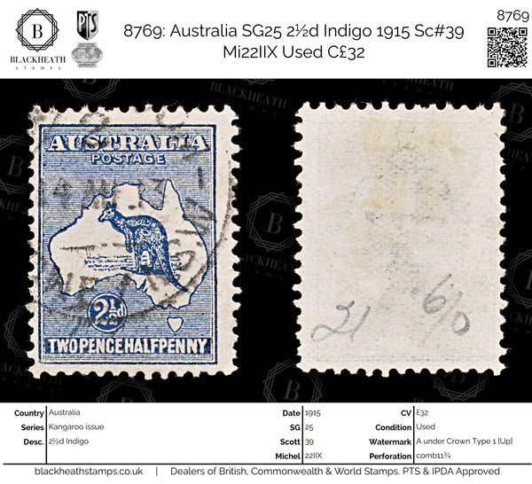 8769: Australia SG25 2½d Indigo 1915 Sc#39 Mi22IIX Used C£32