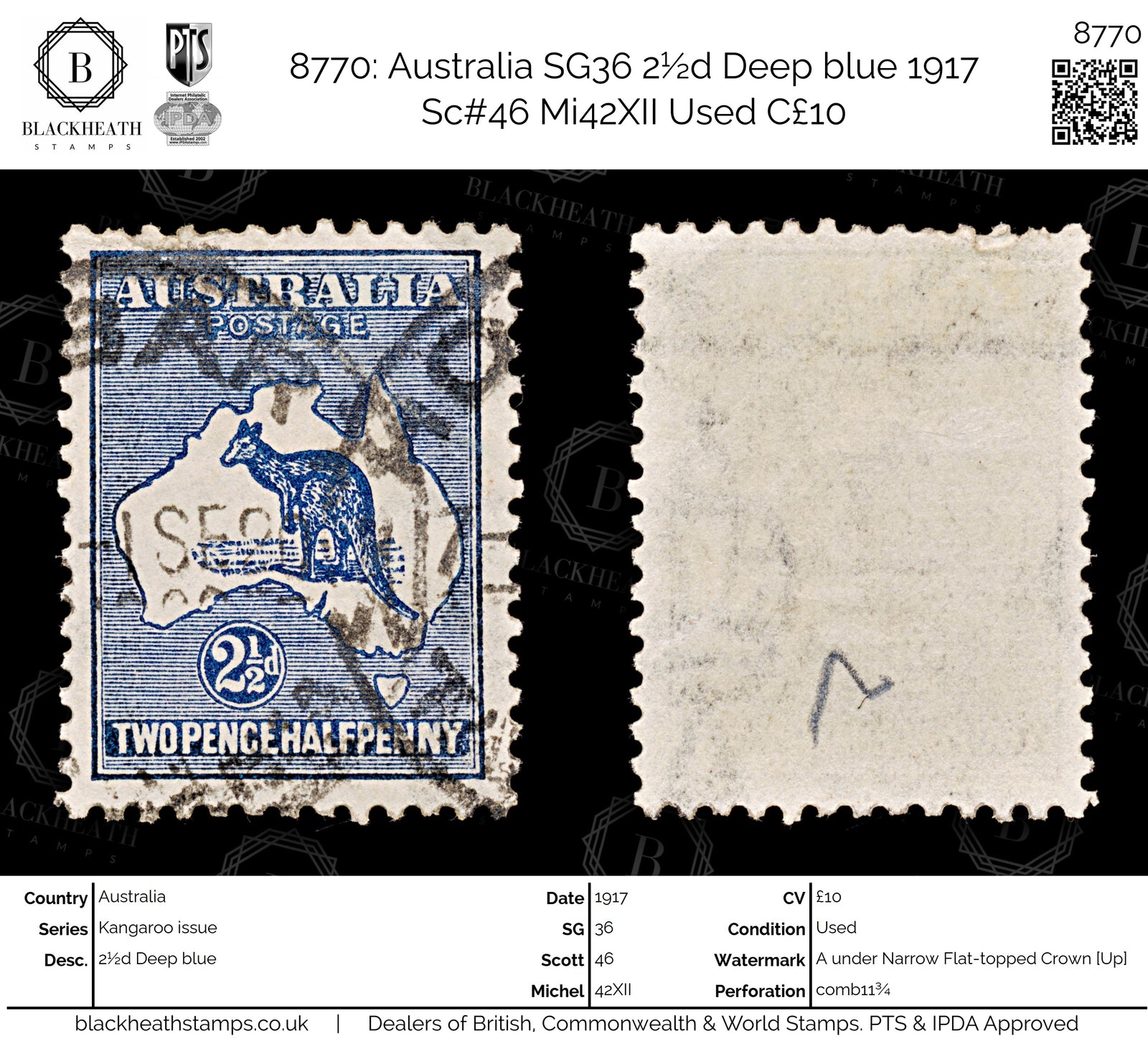 8770: Australia SG36 2½d Deep blue 1917 Sc#46 Mi42XII Used C£10