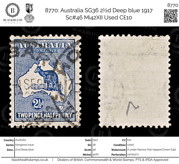 8770: Australia SG36 2½d Deep blue 1917 Sc#46 Mi42XII Used C£10