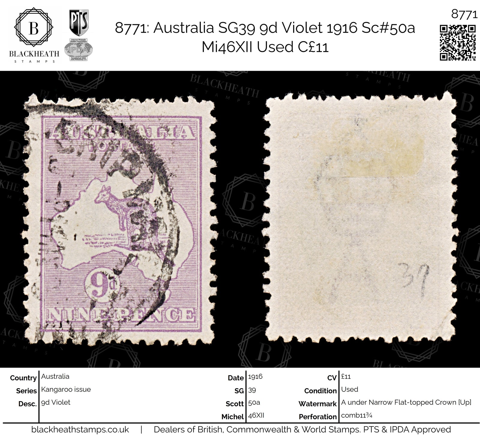 8771: Australia SG39 9d Violet 1916 Sc#50a Mi46XII Used C£11