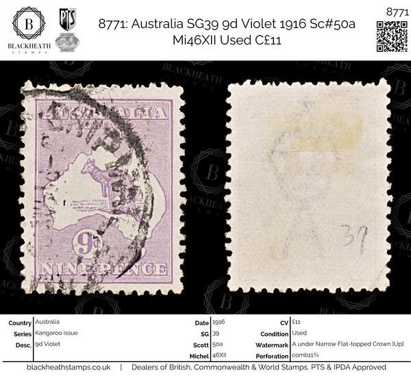 8771: Australia SG39 9d Violet 1916 Sc#50a Mi46XII Used C£11