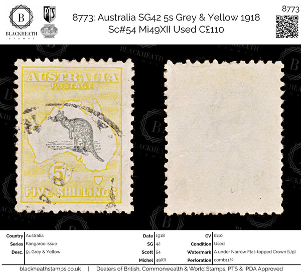 8773: Australia SG42 5s Grey & Yellow 1918 Sc#54 Mi49XII Used C£110