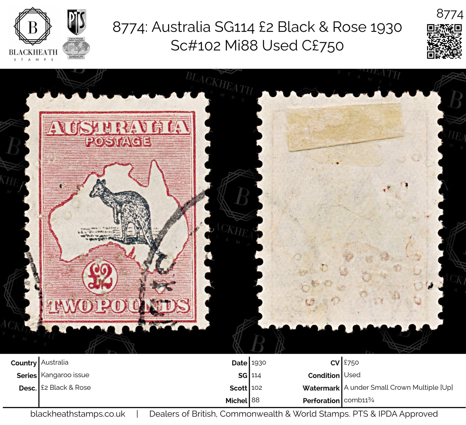 8774: Australia SG114 £2 Black & Rose 1930 Sc#102 Mi88 Used C£750