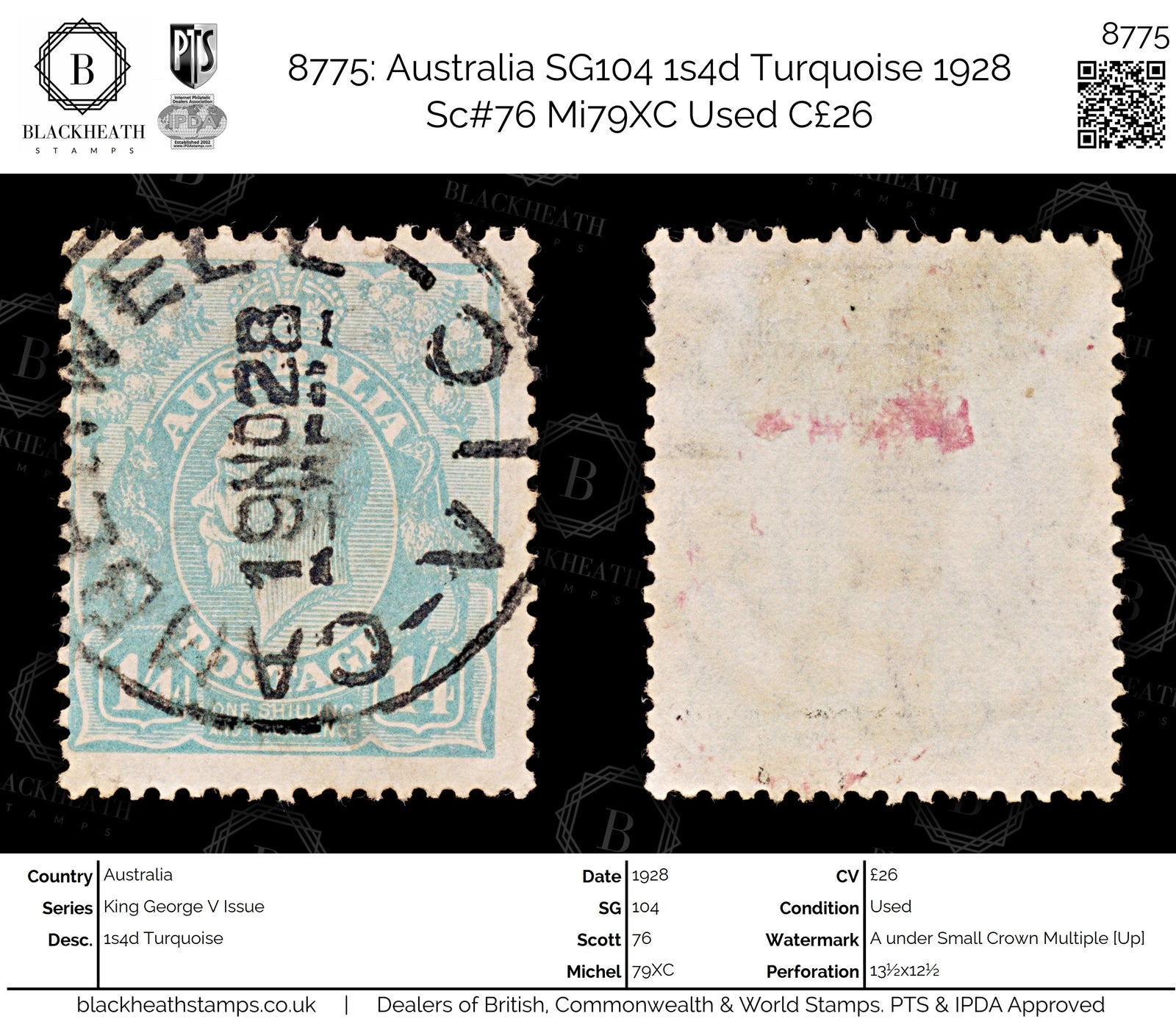 8775: Australia SG104 1s4d Turquoise 1928 Sc#76 Mi79XC Used C£26